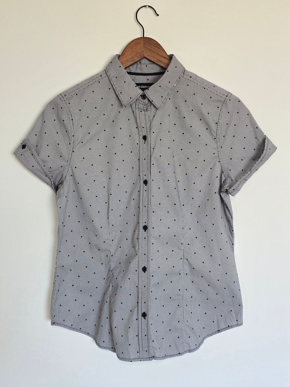 Liz Claiborne Career Black White Geometric Stretch Cotton Button Down Size S